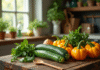 Composition de légumes frais sur une table en bois avec herbes et ustensiles