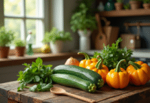 Composition de légumes frais sur une table en bois avec herbes et ustensiles