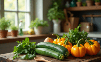 Les fruits et légumes en Z : comment les cuisiner ? Composition de légumes frais sur une table en bois avec herbes et ustensiles