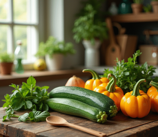 Composition de légumes frais sur une table en bois avec herbes et ustensiles