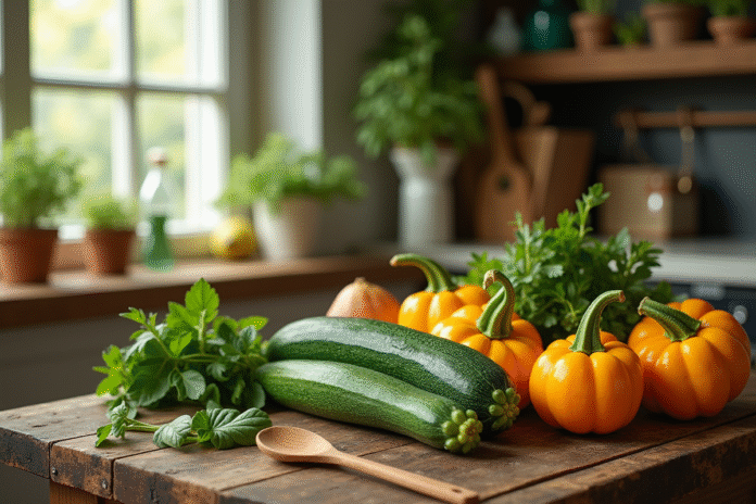 Composition de légumes frais sur une table en bois avec herbes et ustensiles