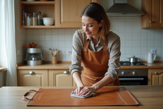 Femme nettoyant un tablier en cuir dans la cuisine lumineuse