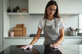 Femme essuyant une plaque vitrocéramique noire avec un chiffon microfibre dans une cuisine moderne