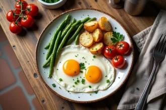 Assiette d'œufs au plat avec légumes rôtis et pommes de terre dorées sur table en chêne rustique