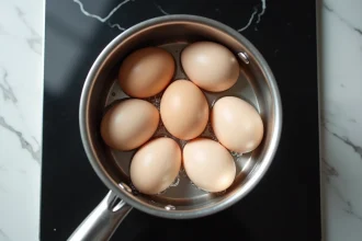 Oeufs durs plongés dans l'eau froide dans une casserole sur une plaque de cuisson moderne