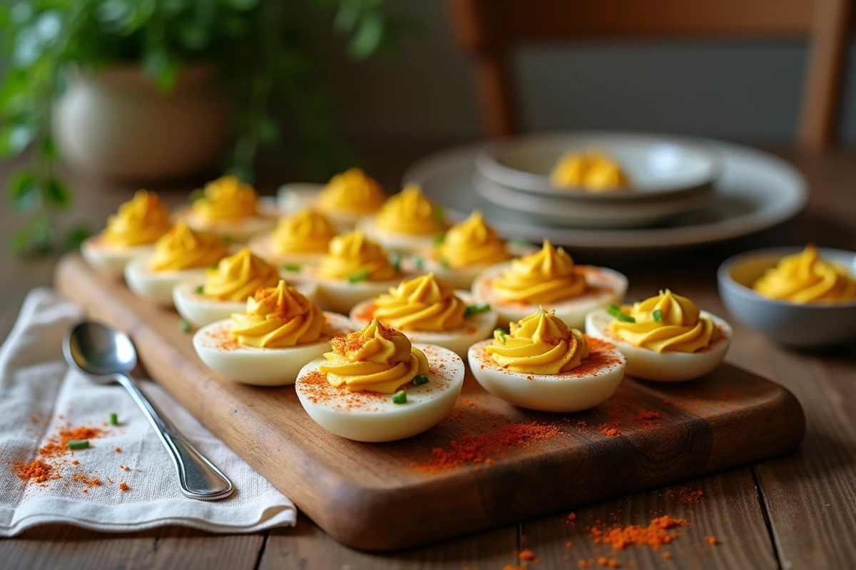 Plateau d'oeufs mimosa garnis de paprika et ciboulette pour l'apéritif