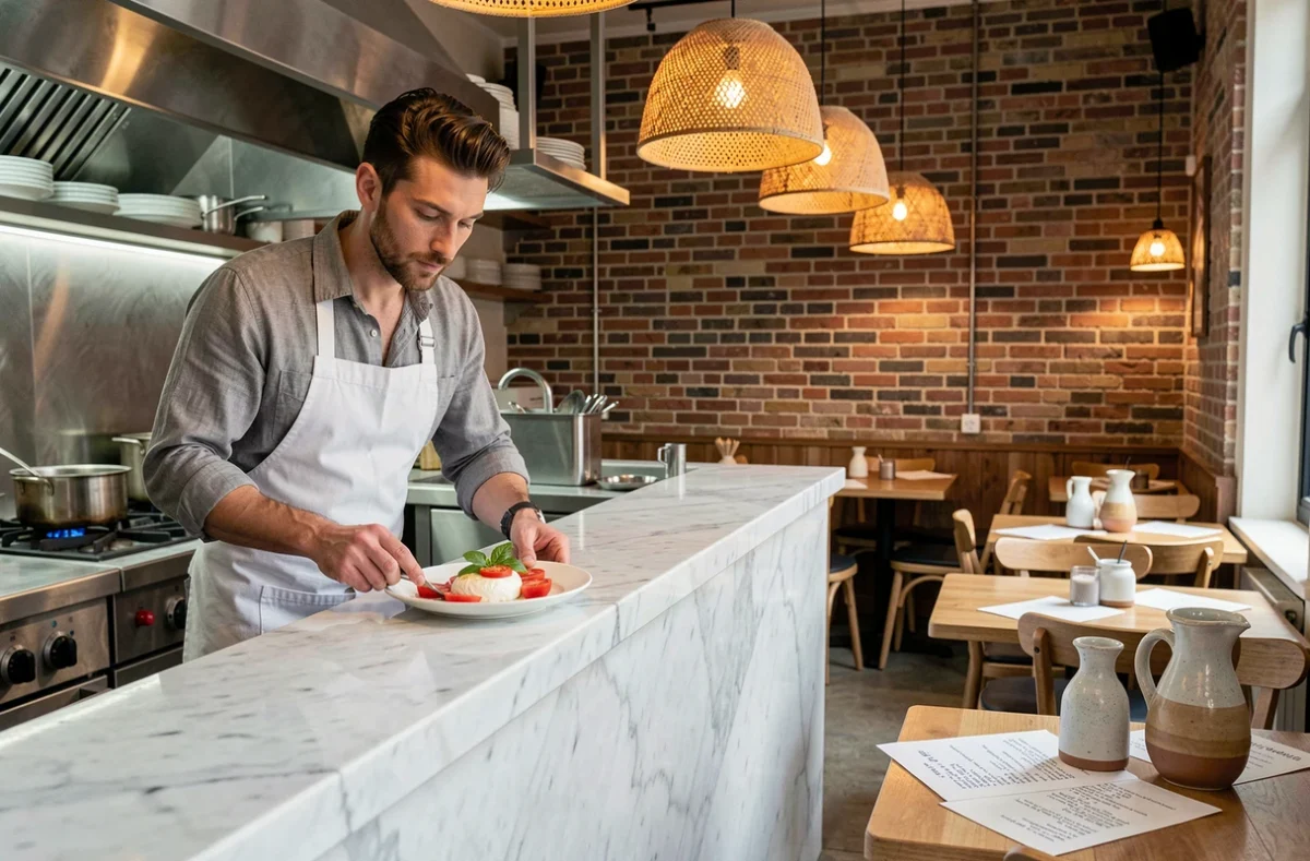 Chef de l'Osteria Matto à Lyon dressant une burrata aux tomates dans une cuisine ouverte au décor en brique apparente