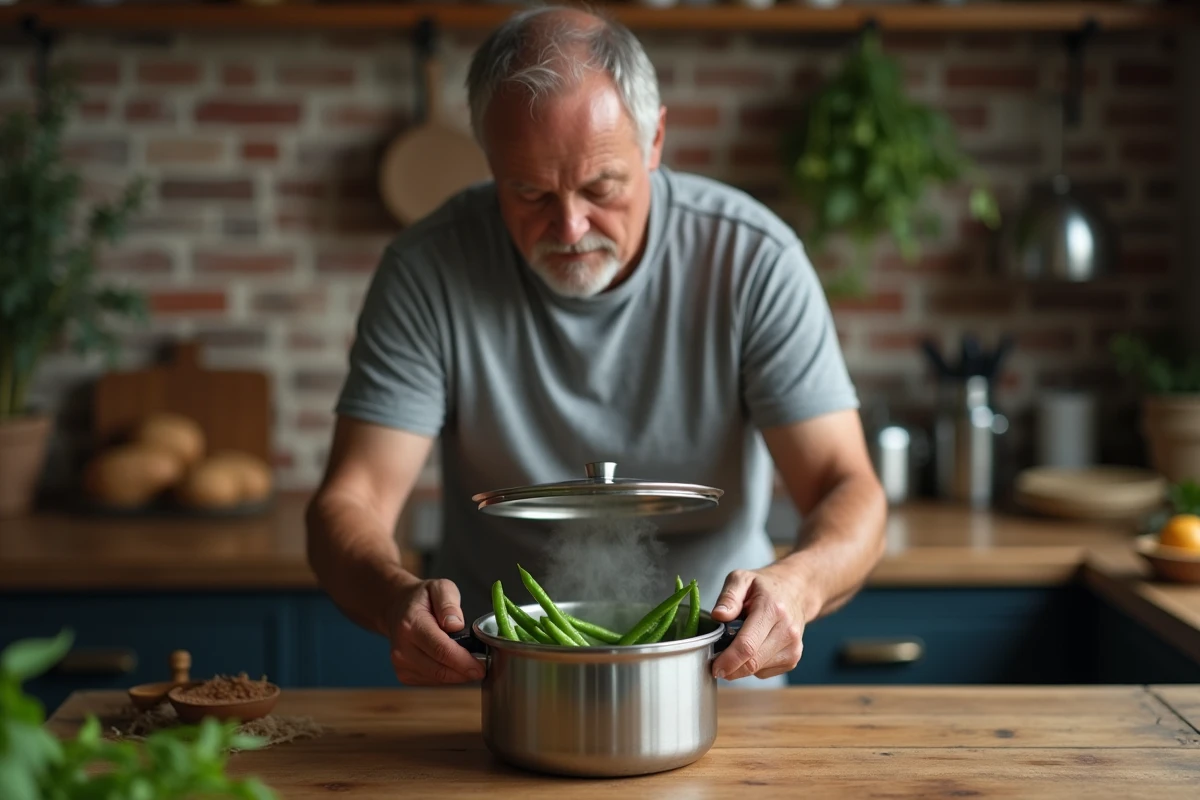 Homme ouvrant une cocotte minute révélant des haricots verts cuits dans une cuisine rustique