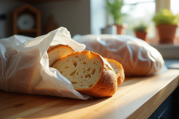 Pain artisanal coupé en deux et emballé dans un sac congélation