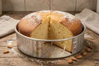 Pain de Gênes bien gonflé dans un moule rond à charnière, posé sur un plan de travail en bois rustique avec une tranche découpée révélant la mie aérée