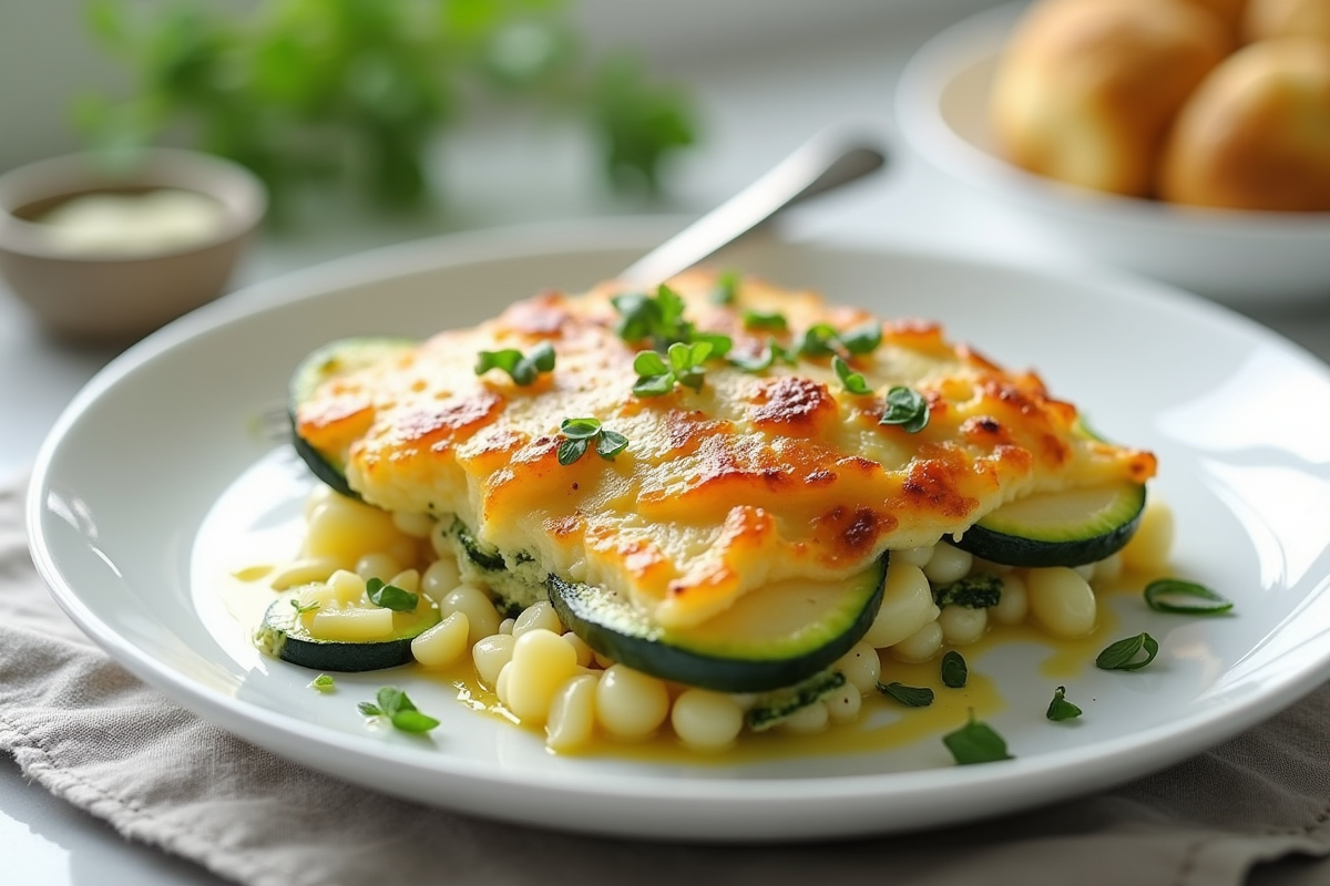 Partie de gratin de courgettes et pommes de terre avec herbes fraîches