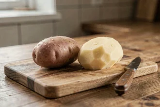 Deux pommes de terre côte à côte sur une planche en bois, l'une avec la peau et l'autre pelée, pour illustrer le choix de cuisson au four
