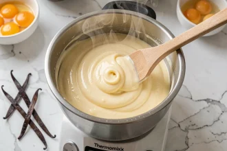 Pâte pâtissière épaisse et brillante en cours de préparation dans le bol du Thermomix, avec spatule en bois et gousses de vanille sur plan de travail en marbre blanc