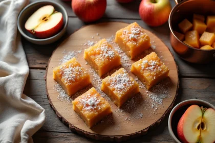 Pâtes de fruit pomme maison disposées sur une planche en bois rustique avec sucre cristallisé, vue de dessus