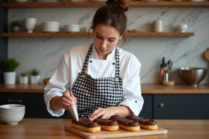 Jeune chef pâtissière décorant des éclairs au chocolat