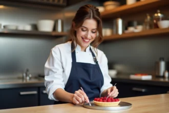 Femme pâtissière décorant une tarte aux framboises dans une cuisine