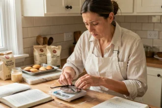 Pâtissière pesant des gousses de vanille sur une balance de cuisine pour maîtriser son budget pâtisserie face à la hausse du prix du kilo de vanille