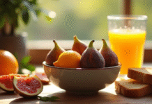 Table de petit déjeuner avec figues feijoas et physalis