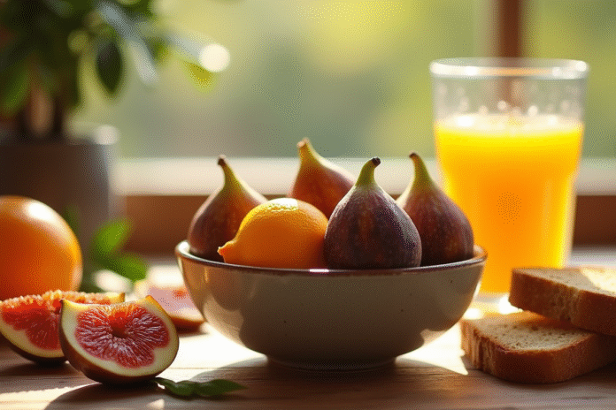 Table de petit déjeuner avec figues feijoas et physalis