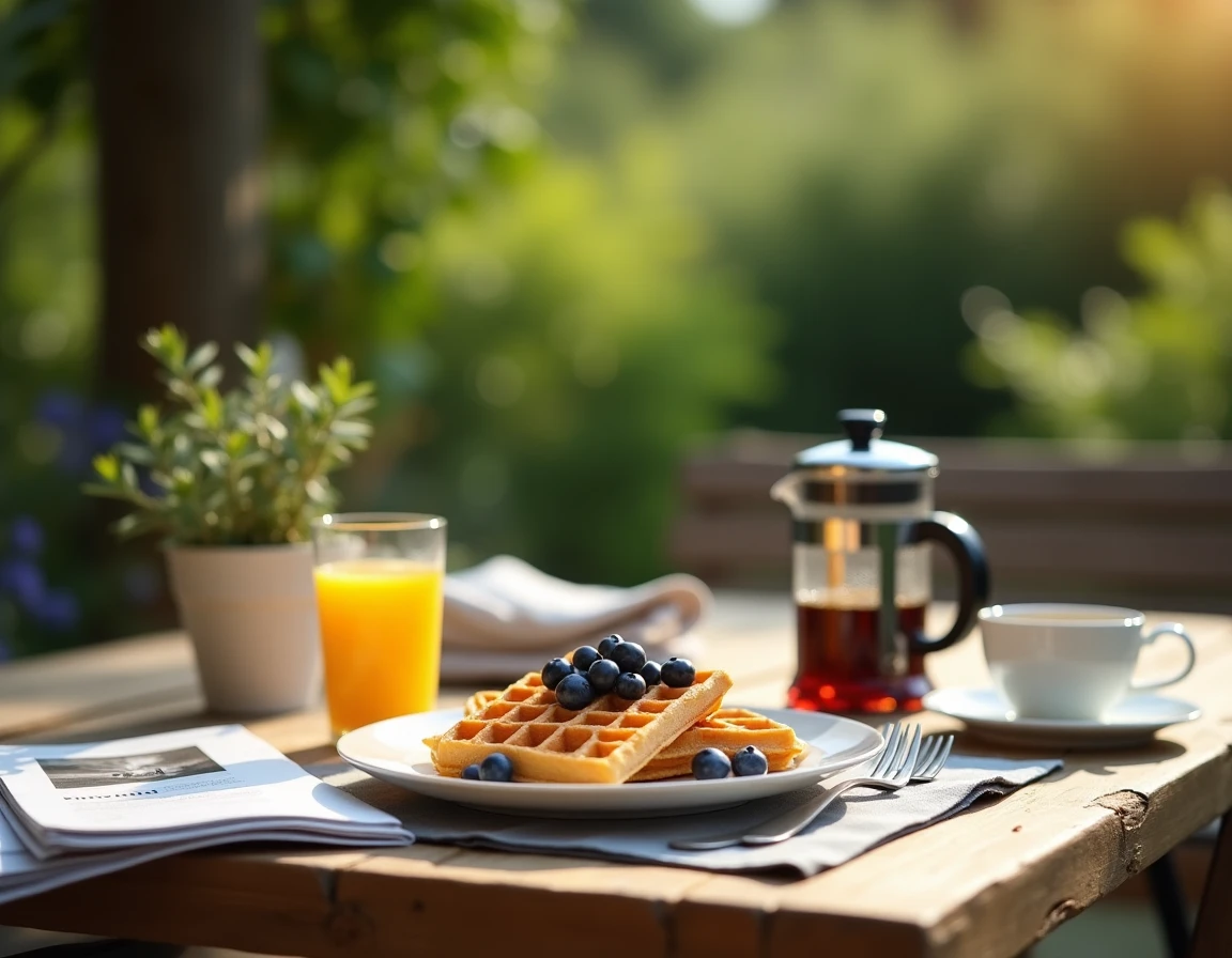 Table de petit-déjeuner du dimanche en terrasse avec des gaufres aux myrtilles, du miel et un café en plein air dans un jardin