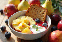 Table de petit déjeuner colorée avec fruits et yaourt