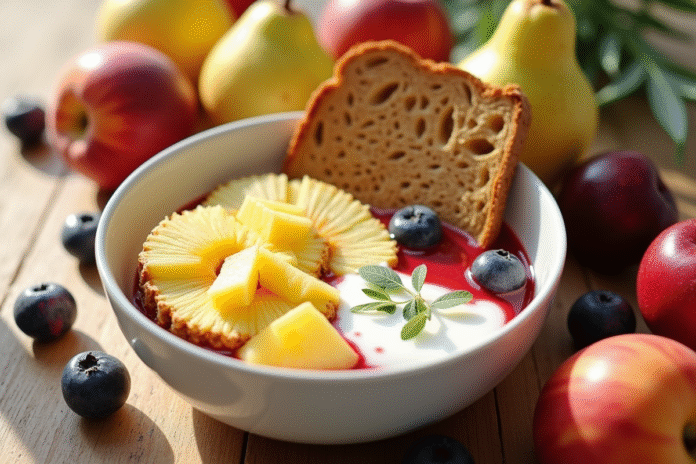 Table de petit déjeuner colorée avec fruits et yaourt