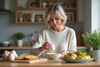 Femme préparant un petit déjeuner équilibré dans la cuisine