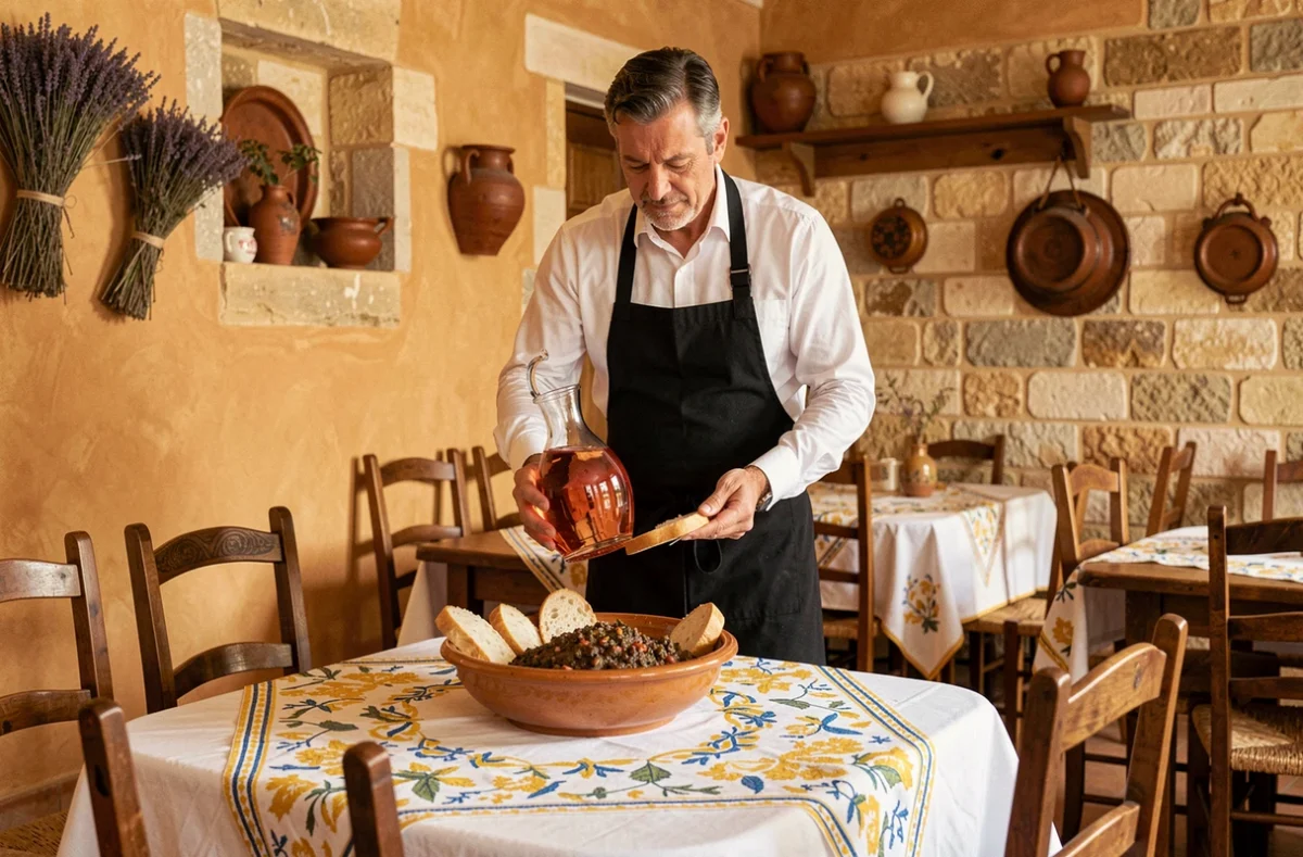 Serveur versant un carafe de rosé local sur table dressée en style provençal dans le restaurant Phanette au Grau-du-Roi