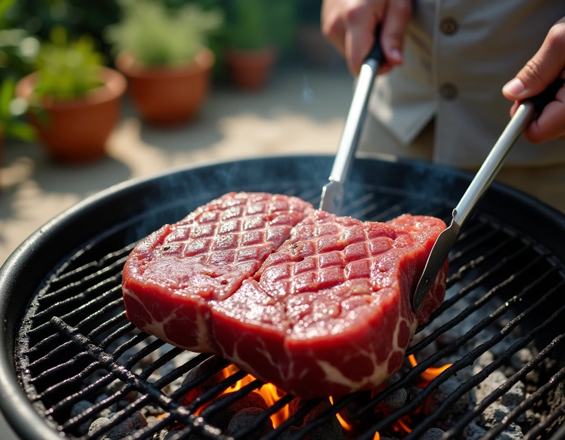 Picanha de veau en train de griller sur barbecue au charbon avec marques de cuisson dans un jardin