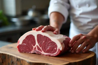 Picanha de veau entière avec chapeau de gras sur billot de boucher en chêne dans une boucherie traditionnelle