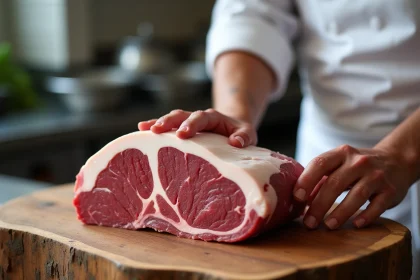 Picanha de veau entière avec chapeau de gras sur billot de boucher en chêne dans une boucherie traditionnelle