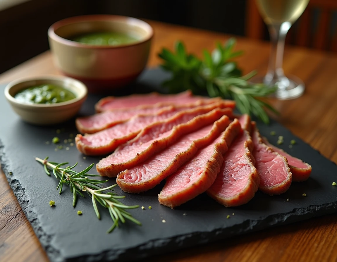 Tranches de picanha de veau coupées sur ardoise avec chimichurri et romarin lors d'un repas