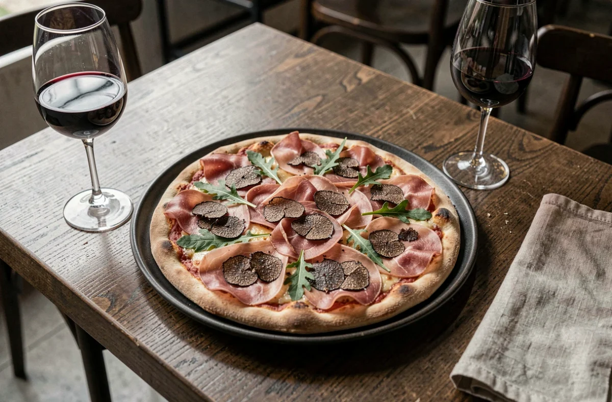 Pizza charcuterie et truffe sur assiette en céramique noire dans une pizzeria contemporaine française avec verre de vin rouge