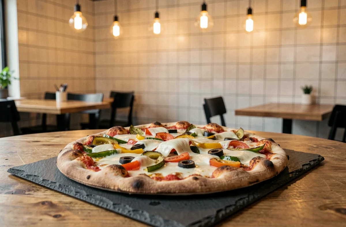 Pizza garnie de Pizza Cosy à Saint-Sébastien-sur-Loire avec mozzarella fondue et légumes rôtis sur ardoise dans un restaurant moderne