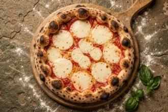 Pizza napolitaine croustillante sortant du four sur une pelle en bois avec croûte dorée et mozzarella fondante