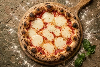Pizza napolitaine croustillante sortant du four sur une pelle en bois avec croûte dorée et mozzarella fondante