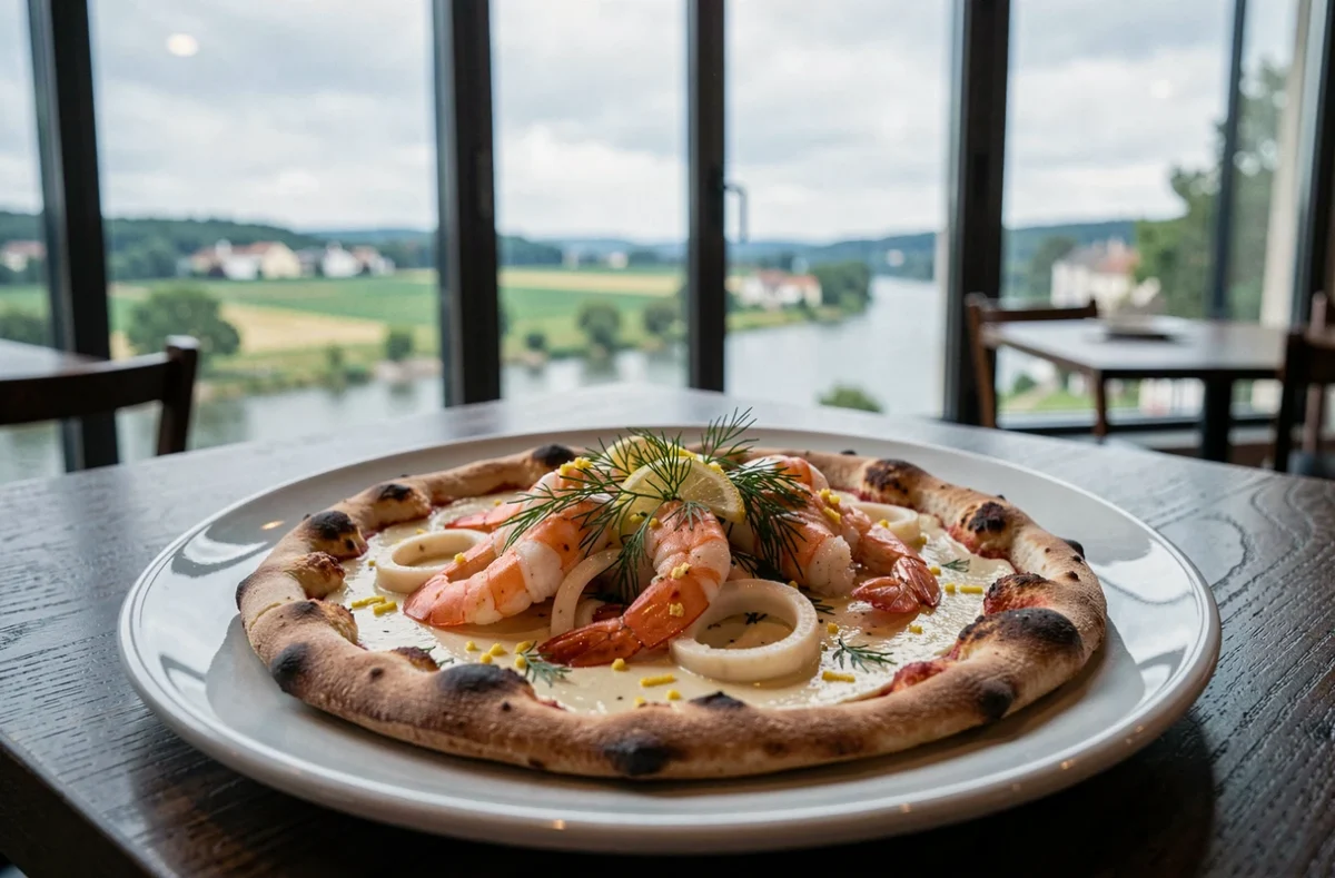 Pizza aux fruits de mer avec crevettes tigre et calamars sur sauce crème dans un restaurant contemporain avec vue sur la Loire