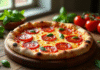 Pizza maison avec chorizo et basilic frais sur une table en bois