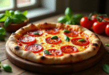 Pizza maison avec chorizo et basilic frais sur une table en bois