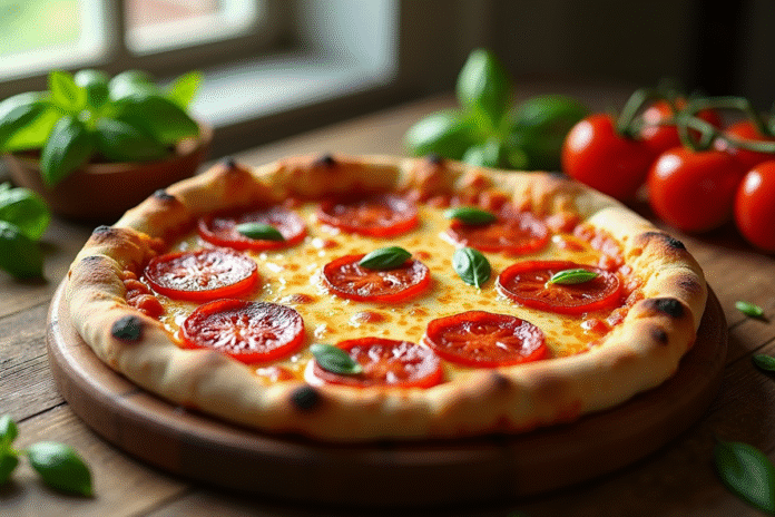 Pizza maison avec chorizo et basilic frais sur une table en bois