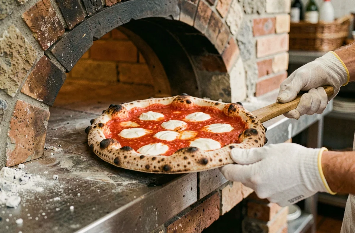 Pizzaiolo sortant une Margherita dorée d'un four à pierre traditionnel dans une pizzeria française