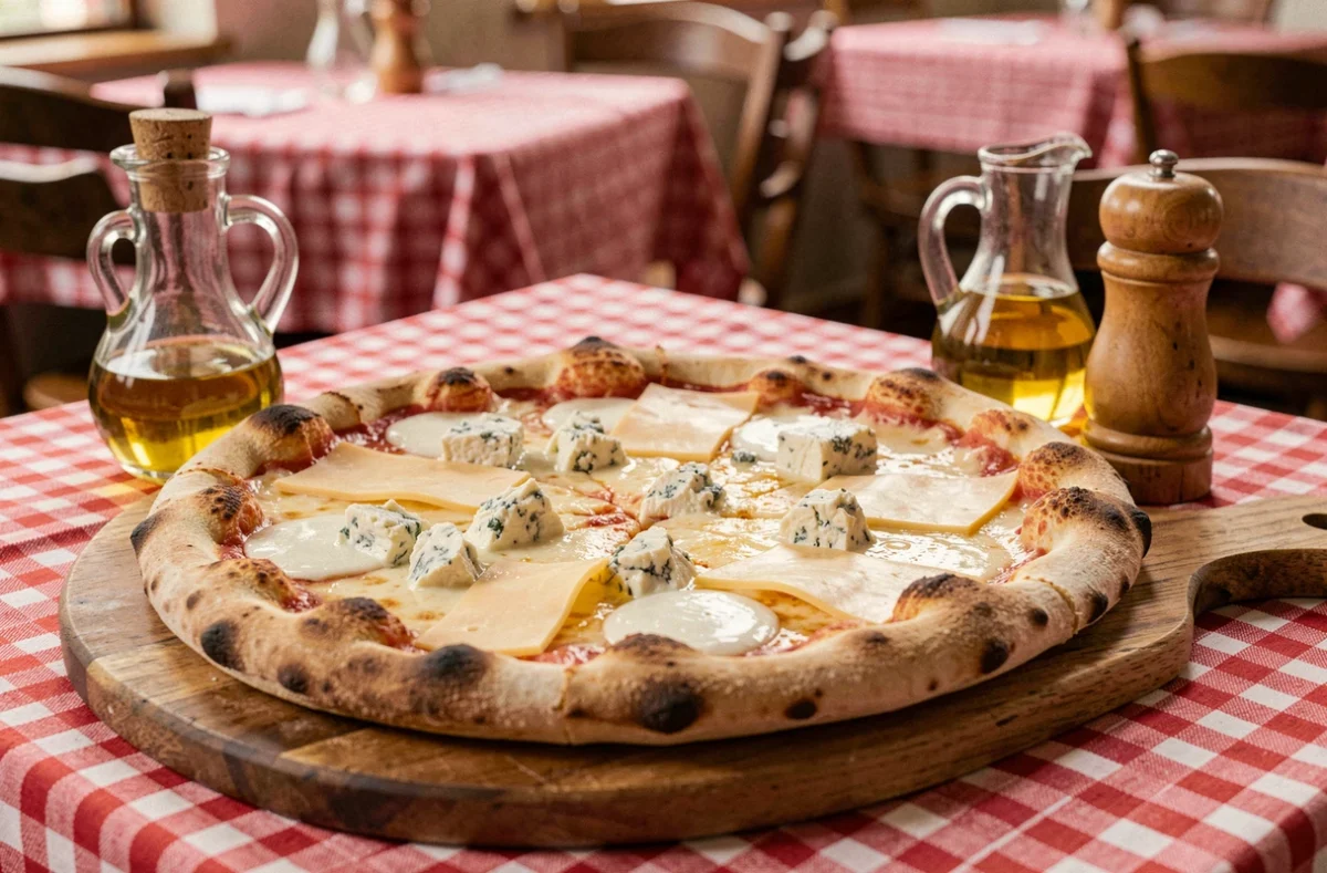 Pizza quatre fromages sur planche en bois avec nappe à carreaux rouge et blanc dans une pizzeria familiale française