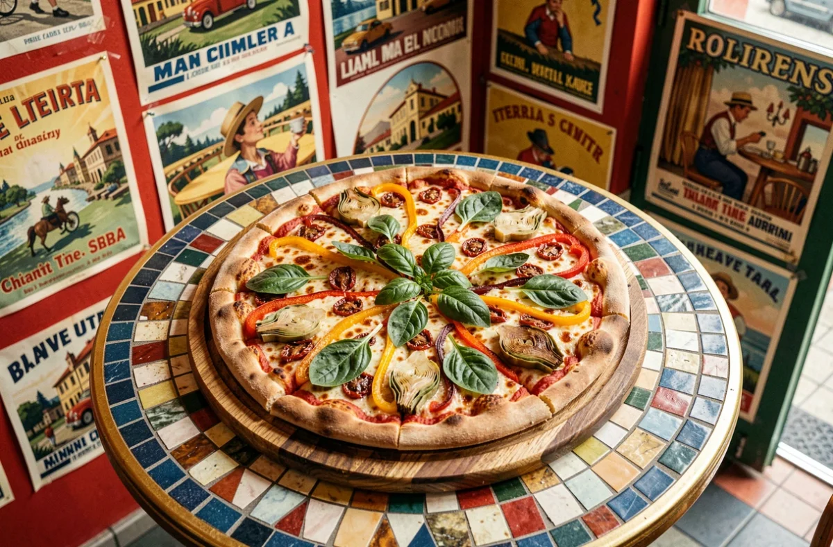 Pizza végétarienne aux poivrons rôtis, artichauts et tomates séchées sur planche ronde dans une pizzeria française décorée d'affiches italiennes vintage