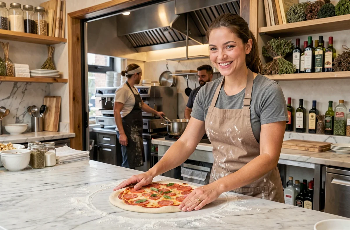 Pizzaiola souriante étirant une pâte à pizza à la main sur un comptoir en marbre dans une pizzeria artisanale aux Pays de la Loire