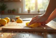 Planche en bois sur un plan de cuisine avec citron et sel