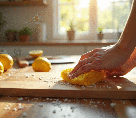 Planche en bois sur un plan de cuisine avec citron et sel