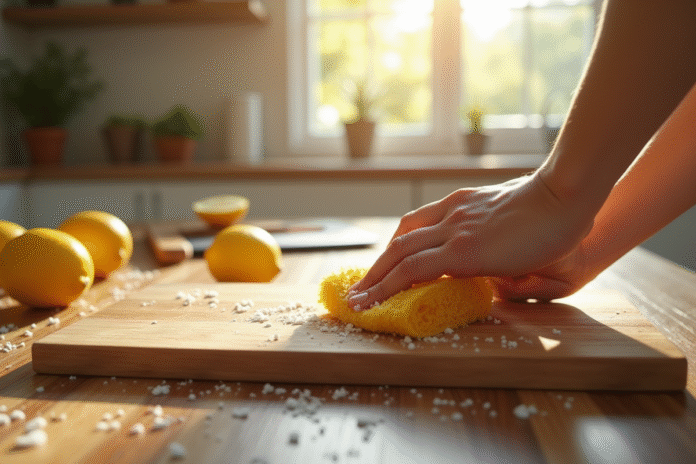 Planche en bois sur un plan de cuisine avec citron et sel