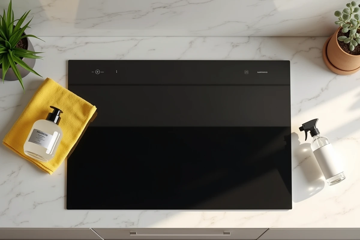 Vue de dessus d'une plaque vitrocéramique propre avec spray vinaigre blanc et chiffon microfibre jaune posés à côté