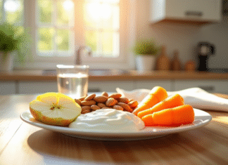 Collation rassasiante pour maigrir: que choisir sans grossir? Assiette de collation saine avec fruits et yaourt