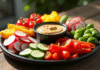 Plateau coloré de légumes tranchés avec hummus naturel